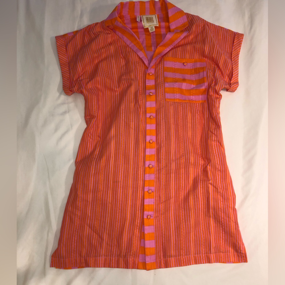 Emily McCarthy Orange & Pink Striped Button-Down Shirt Dress